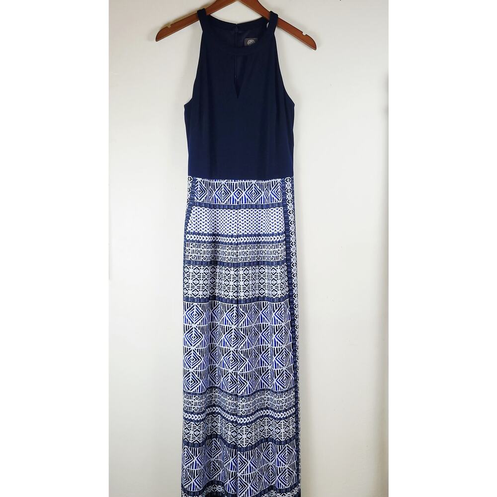 Vince Camuto Navy Geometric Halter Jumpsuit Wide Leg Vacation Resortwear Size 10
